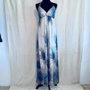 Blue and Cream Halter Empire Waist Maxi Dress